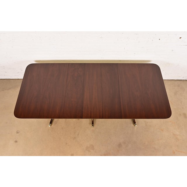 1940s Drexel Regency Carved Mahogany Drop-Leaf Triple Pedestal Extension Dining Table, Newly Refinished For Sale - Image 5 of 17