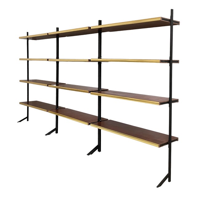 Mid-Century Modern Italian Bookcase in Wood, Brass and Black Metal, 1960s For Sale