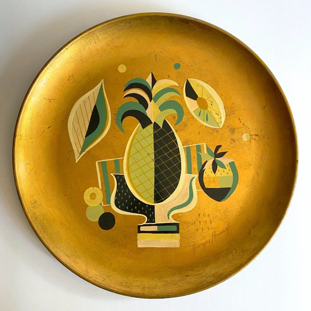 Vintage 1960's Georges Briard Mid Century Modern Gold Leaf Hand Painted Extra Large Decorative Metal Tray For Sale - Image 13 of 13