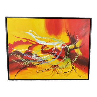 Late 20th Century Large Modern Abstract Oil on Canvas in Red & Yellow For Sale