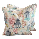 Early 21st Century Shoji Summer Asian Chinoiserie Toile Pagoda Pillows- a Pair For Sale