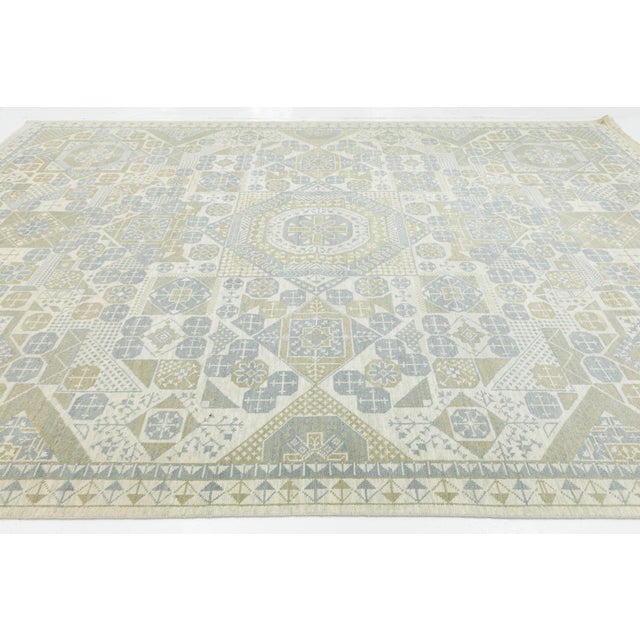 Modern Geometric Khotan Style Hand-Knotted Wool Area Rug - Muted Sage & Sand For Sale In New York - Image 6 of 10
