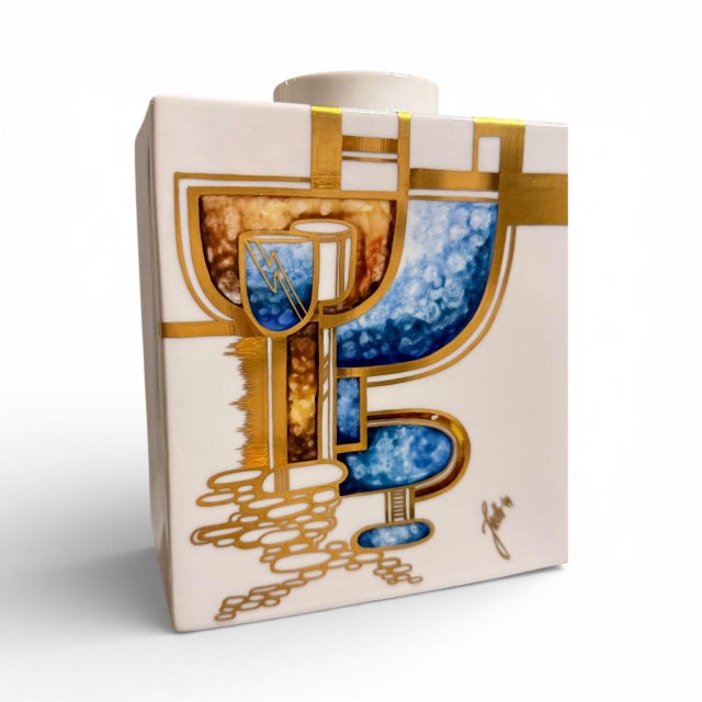 Blue KPM Berlin Vintage Vase With Gold Accents With Blue Bold Geometric ModernIn - Design by Trude Petri Signed For Sale - Image 8 of 10