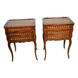1880s Antique French Louis XV Walnut & Satinwood Marquetry Inlay Pair Nightstands / Bedside Tables For Sale