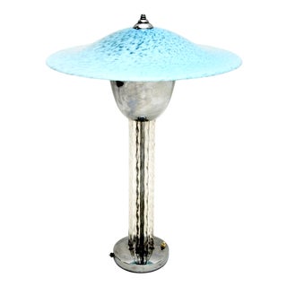 Large French Art Deco Chrome and Glass Table Lamp, 1930s For Sale