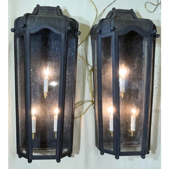 Large Exceptional Pair of Hand-Forged Iron Wall Lanterns Architectural Sconces For Sale - Image 13 of 17