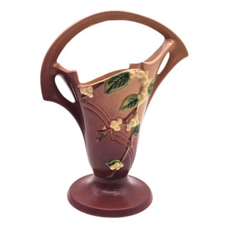 Roseville Pottery Snowberry Basket Vase in Pink and Burgundy – 10.5” Tall American Art Pottery For Sale
