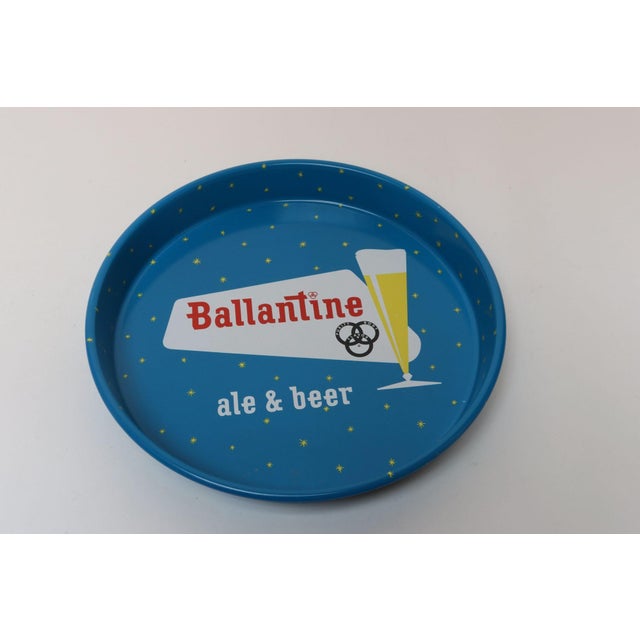 Mid-Century Modern Vintage High Gloss Blue Enameled Metal Double-Sided Ballantine Beer Tray For Sale - Image 3 of 17