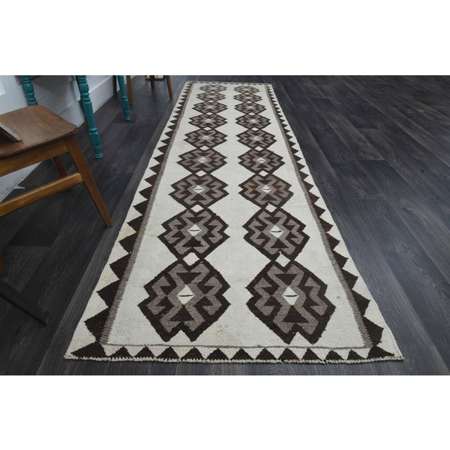 1970s 1970s Vintage Handmade Wool Cotton White Brown Runner Rug For Sale - Image 5 of 11