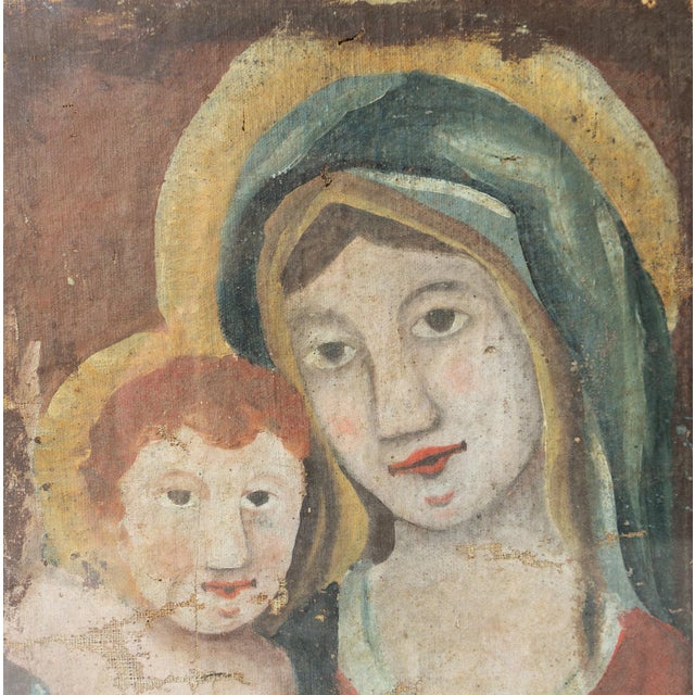 Early Naive School Madonna and Child, Original Antique Oil Painting, 18th Century, Framed For Sale - Image 6 of 8