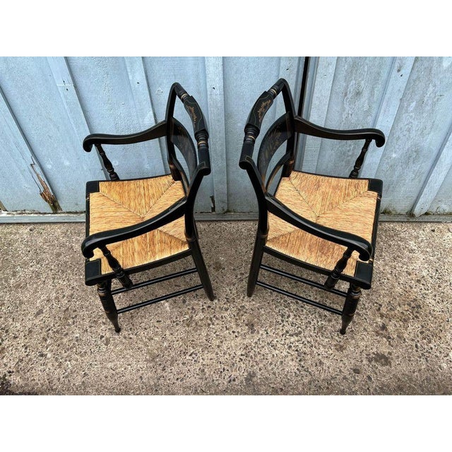 Pair of Vintage L. Hitchcock Late Federal Style Grain-Painted & Gilt-Stenciled "Fancy" Rush Seat Armchairs For Sale - Image 16 of 17