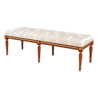 Italian Tufted Silk Bench With 24k Gold Leaf Accents For Sale