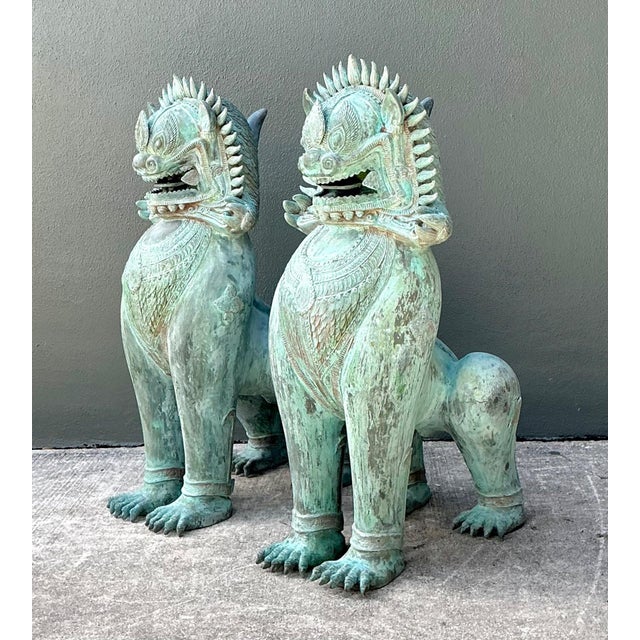Rustic Vintage Verdigris Bronze Temple Lions - A Pair For Sale - Image 3 of 17