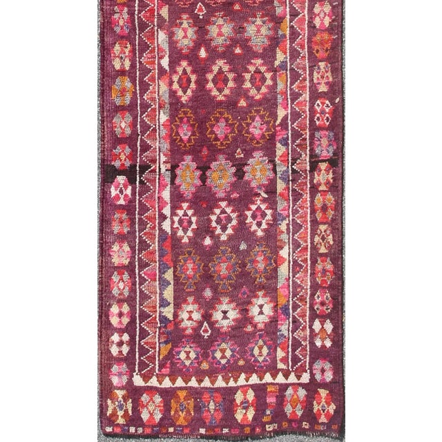 Colorful Vintage Turkish Long Oushak Runner With Geometric Design in Purple & Plum Background For Sale - Image 4 of 9