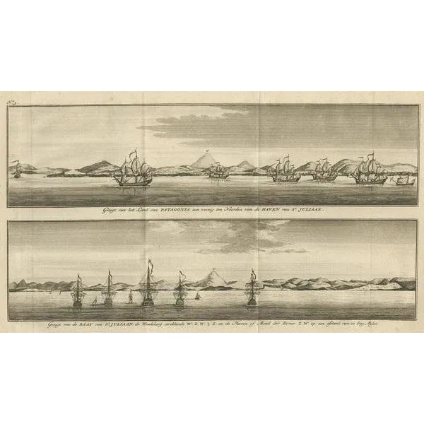 Antique print titled 'View of the land of Patagonia a little north of the harbour of St. Julian' and 'View of the Bay of...