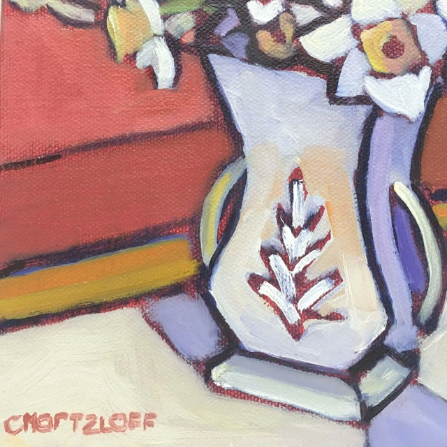 Textile "Catching Spring" Contemporary Expressionist Style Bouquet of Daffodils Still Life Oil Painting by Catherine J. Martzloff For Sale - Image 7 of 8