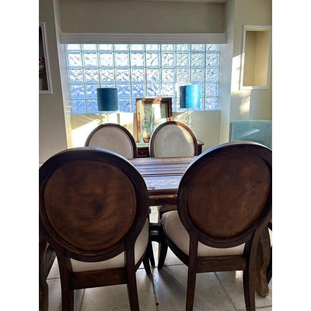 Farmhouse Late 20th Century French Oval Medallion Back Dining Chairs Dark Walnut Distressed Finish Neutral Upholstery - Set of Six 6 For Sale - Image 3 of 9