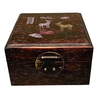 Vintage Rosewood & Mother-of-Pearl Inlay Treasure Box – Deer & Floral Motif For Sale