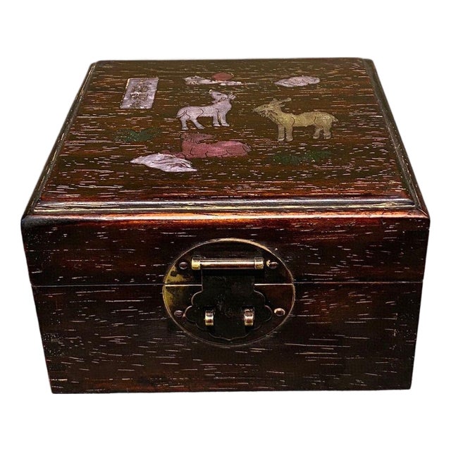 Vintage Rosewood & Mother-of-Pearl Inlay Treasure Box – Deer & Floral Motif For Sale