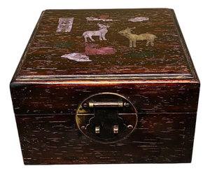 Vintage Rosewood & Mother-of-Pearl Inlay Treasure Box – Deer & Floral Motif