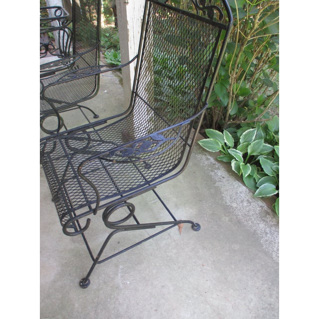Russell Woodard Pair of Vintage Woodard Wrought Iron Bouncy Spring Arm Chairs Chantilly Rose Attributed For Sale - Image 4 of 7