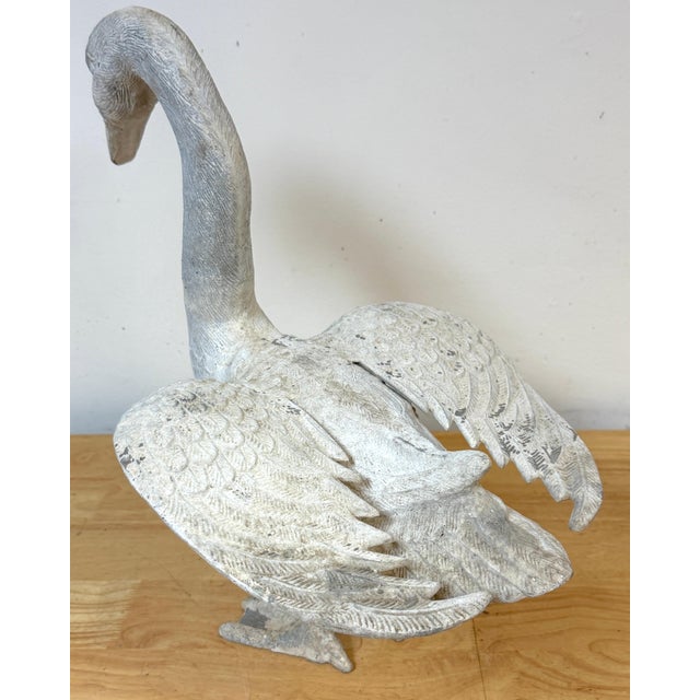 Metal Pair 20th C. Zinc Alloy Swan Garden Sculptures Good Scale & Weathered Surface For Sale - Image 7 of 18