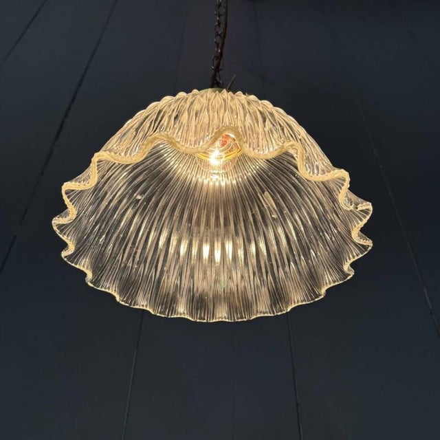 Pressed Glass Pendant Lamp with Brass Fixture from Holophane, 1930s For Sale - Image 3 of 15