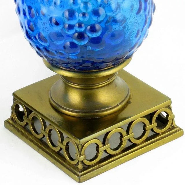 Metal Bubble Textured Blue Glass Table Lamps With Brass Accents - a Pair For Sale - Image 7 of 9