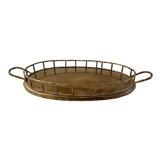 Vintage Hollywood Regency Faux Bamboo Brass Tray With Handles For Sale