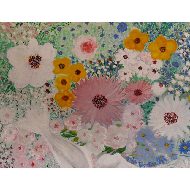 This vibrant oil painting by artist Pouri bursts with a profusion of colorful flowers in full bloom. Measuring 36" x 48",...