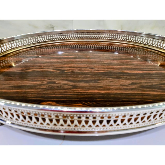 Mid Century Sheffield Silver Co. Formica Laminate Footed Serving Tray, Wood-Grain, Silverplate Gallery For Sale - Image 9 of 12