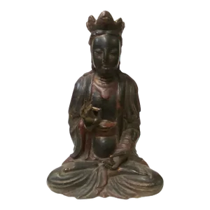 Vintage Chinese Black Brown Lacquer Wood Sitting Kwan Yin Figure