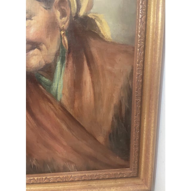 Brown Vintage Original Oil Painting Realism Elder Lady Woman Portrait on Board Framed For Sale - Image 8 of 10
