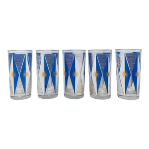 Vintage Set 5 Libbey Glass Atomic Period Highball Glasses Blue & White 22k Gold