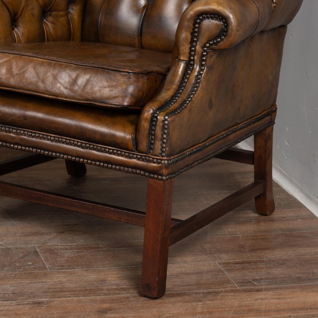 Vintage Brown Leather Chesterfield Wingback Loveseat and Club Chair For Sale - Image 12 of 13