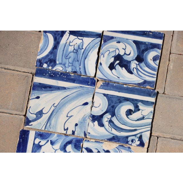 18th Century Antique 18th Century Portuguese Blue & White Baroque Tiles With Flowing Acanthus Scrollwork, Set of 6 For Sale - Image 5 of 7