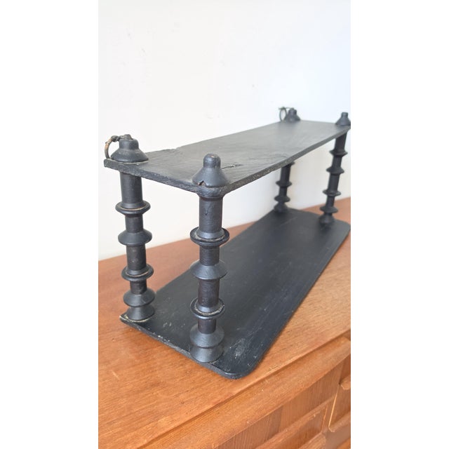 Vintage Wooden Black Tiered Shelf, Turned Spindle Display Stand, Rustic 2 Tier Wall Shelf, Folk Art Wood Rack, Cottage Decor For Sale - Image 14 of 17