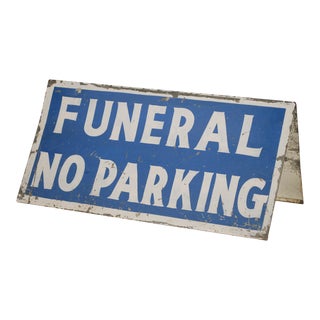 Vintage "Funeral No Parking" Blue & White, Metal Double Sided Sign For Sale