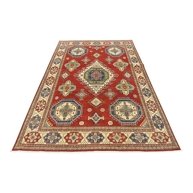 Kazak Red Wool Tribal Geometric Hand-Knotted Rug 8'11'' X 12' For Sale