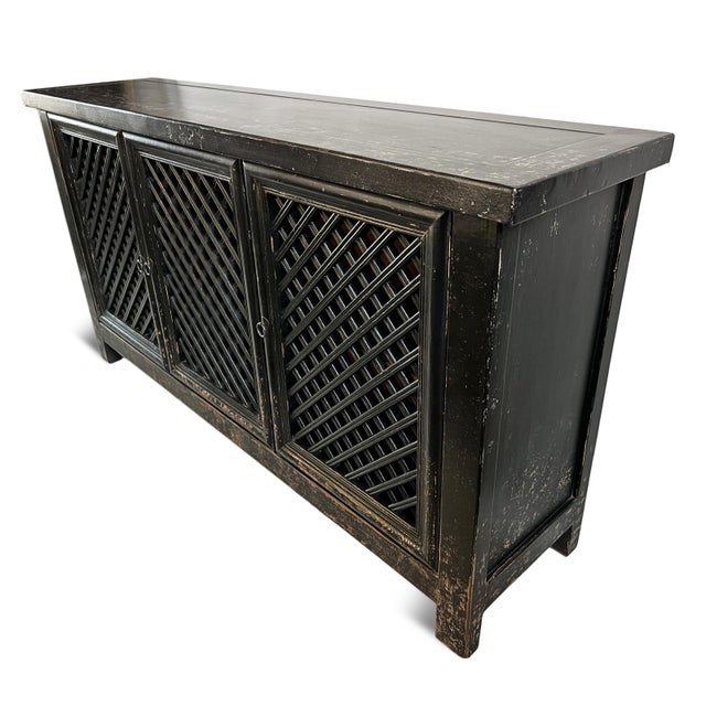 Late 20th Century Vintage Black Aged Lattice 3-Door Sideboard For Sale - Image 5 of 8