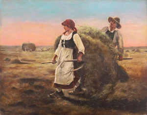 'End of the Day', 19th Century French School, Circa 1860, Breton Figural Landscape, Brittany Harvest, Style of Millet