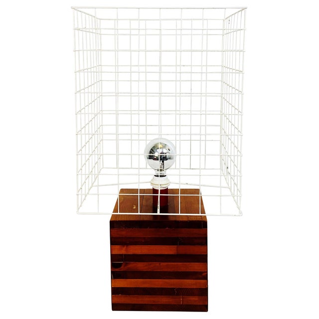 Italian mid-century Table lamp with metal lampshade and wooden base, 1970s Table lamp with square wooden base and...