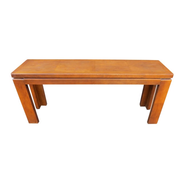 Vintage solid walnut console table. Minimalist modern design. Substantial L-shaped legs with floating top.