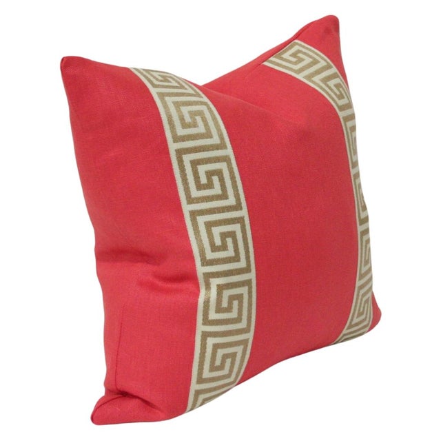 New pair of 17" designer pillows in a high-quality coral fabric and a greek key trim. These pillows have serged seams,...