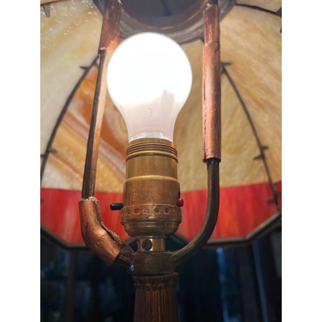 Metal Antique Bent Caramel, Red /Orange Slag Glass Table Lamp For Sale - Image 7 of 12