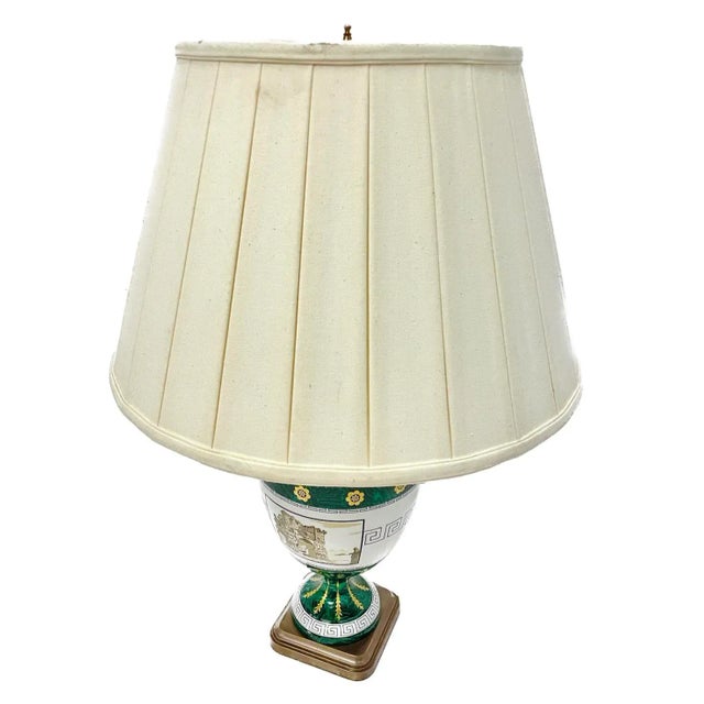 Vintage Classical style Greek key and faux malachite urn lamp with hand-painted arch in ruin image. Hand-painted gilt...