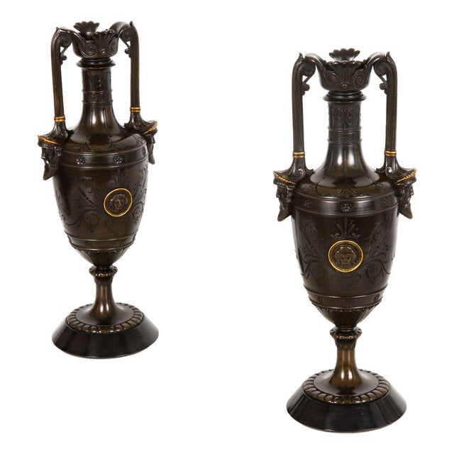 Pair of Neo-Greco Bronze and Marble Urns Vases With Candlestick Circa 1880 For Sale
