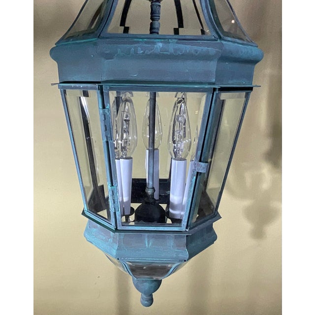 Vintage Verdigris Solid Brass Hexagonal Hanging Lantern – 29”x 11” For Sale - Image 14 of 14