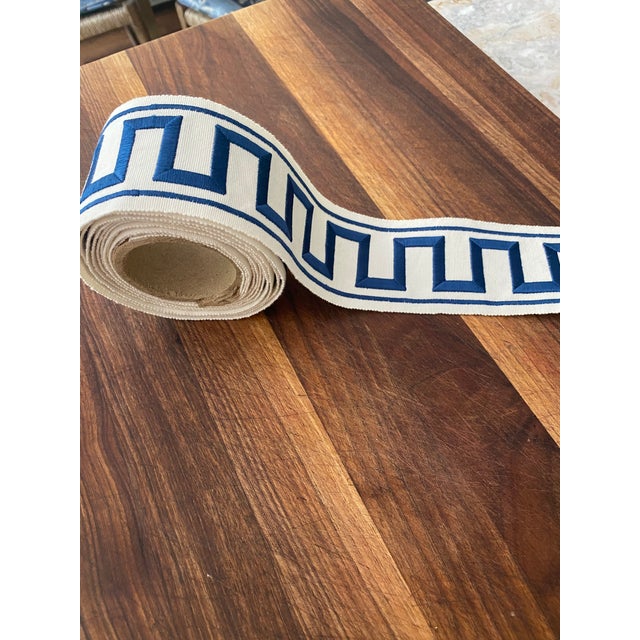 Art Deco Schumacher Greek Key Embroidered Tape Trim Blue on Ivory - 3 Yards For Sale - Image 3 of 6