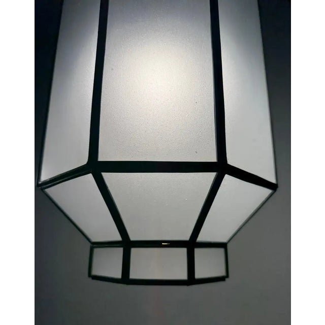 1990s Art Deco Style Frosted White Milk Glass & Bronze Octagonal Pendant - a Pair For Sale - Image 9 of 15